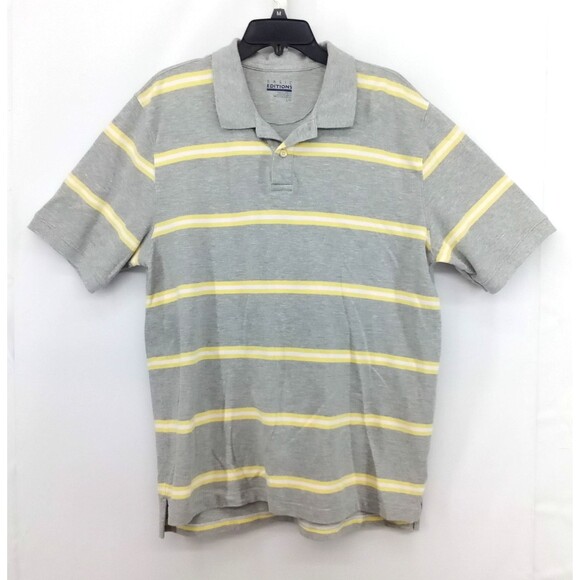 Basic Editions Polo Shirt Mens Large Gray Yellow Striped Short Sleeve Rugby Golf - Picture 1 of 6